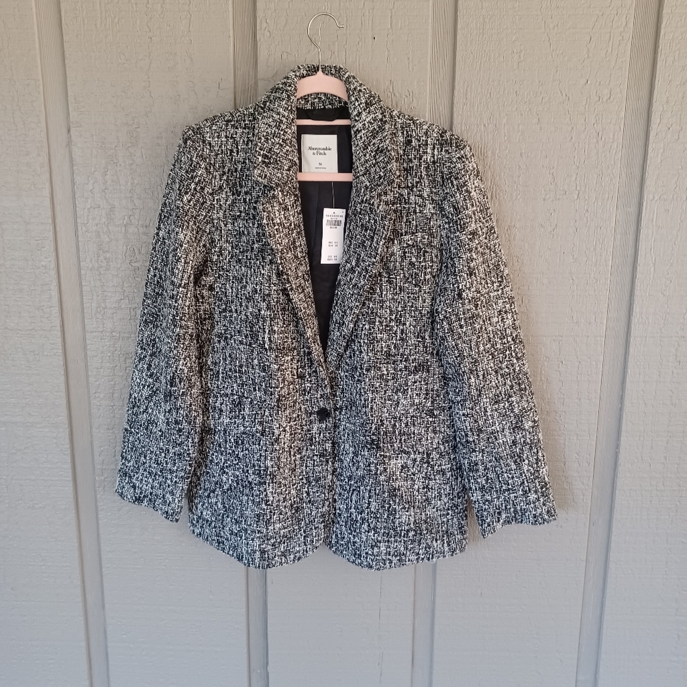 Abercrombie And Fitch Tweed Blazer Size M Women Single Button Black White
